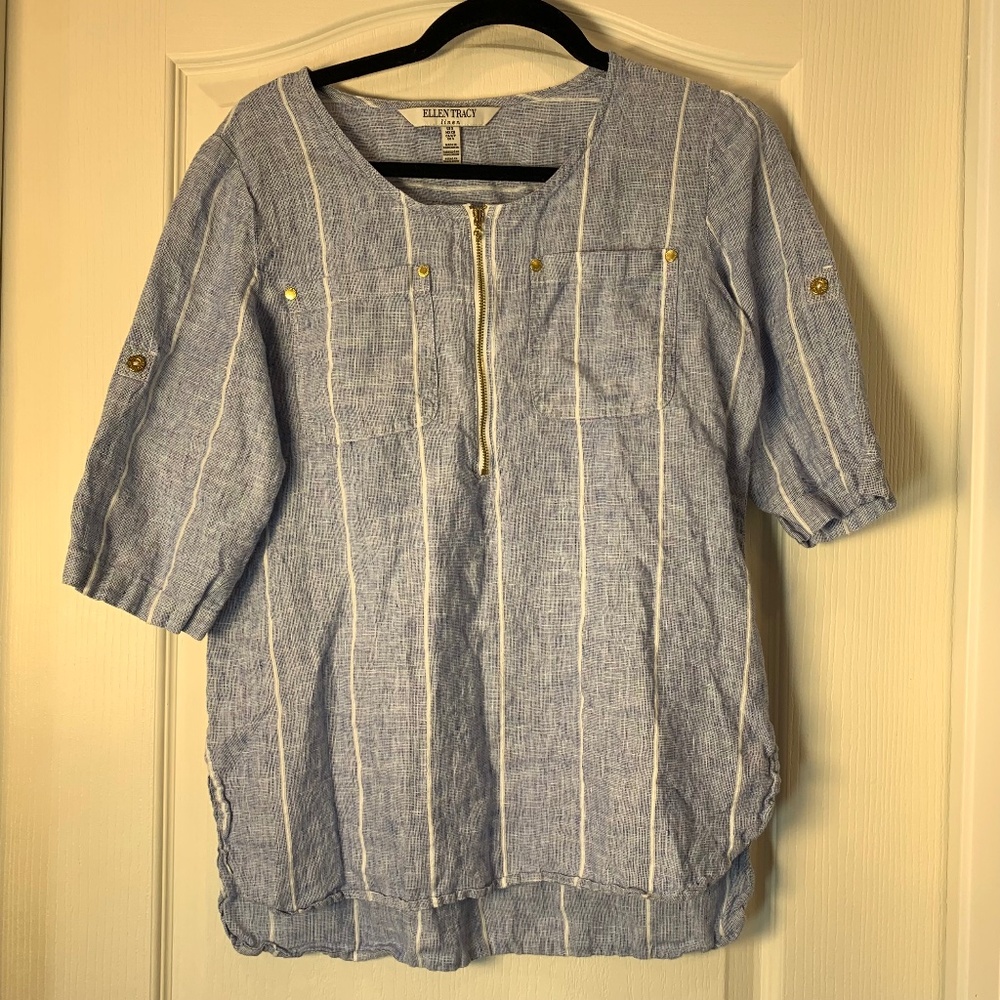 Ellen Tracy 100% Linen‎ Nautical Stripe Blouse Blue White Gold Zip Top S Summer